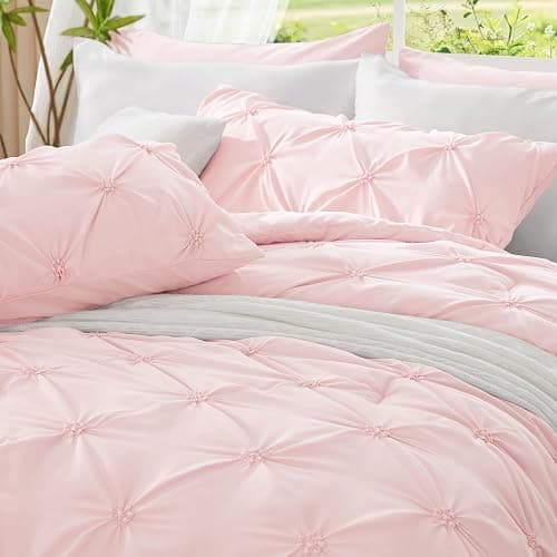 BEDELITE Baby Pink Queen Comforter Set - 3 Pieces Boho Pintuck Bedding Comforter Sets, Lightweight Soft & Warm Bed Comforter Queen with 2 Pillowcases for All Season thumbnail 6