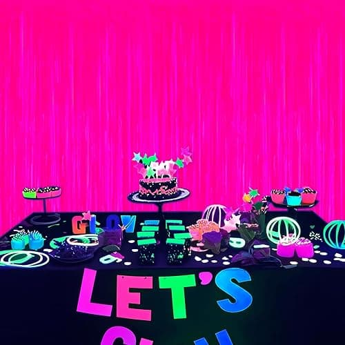 Mega-L Glow in The Dark Party Supplies, 2 Pack Neon Party Decorations 3.3 x 6.6 ft Fluorescent Macaron Fuchsia Tinsel Foil Fringe Curtains, Photo Booth Prop Backdrop Streamer, Birthday Party Decor thumbnail 6
