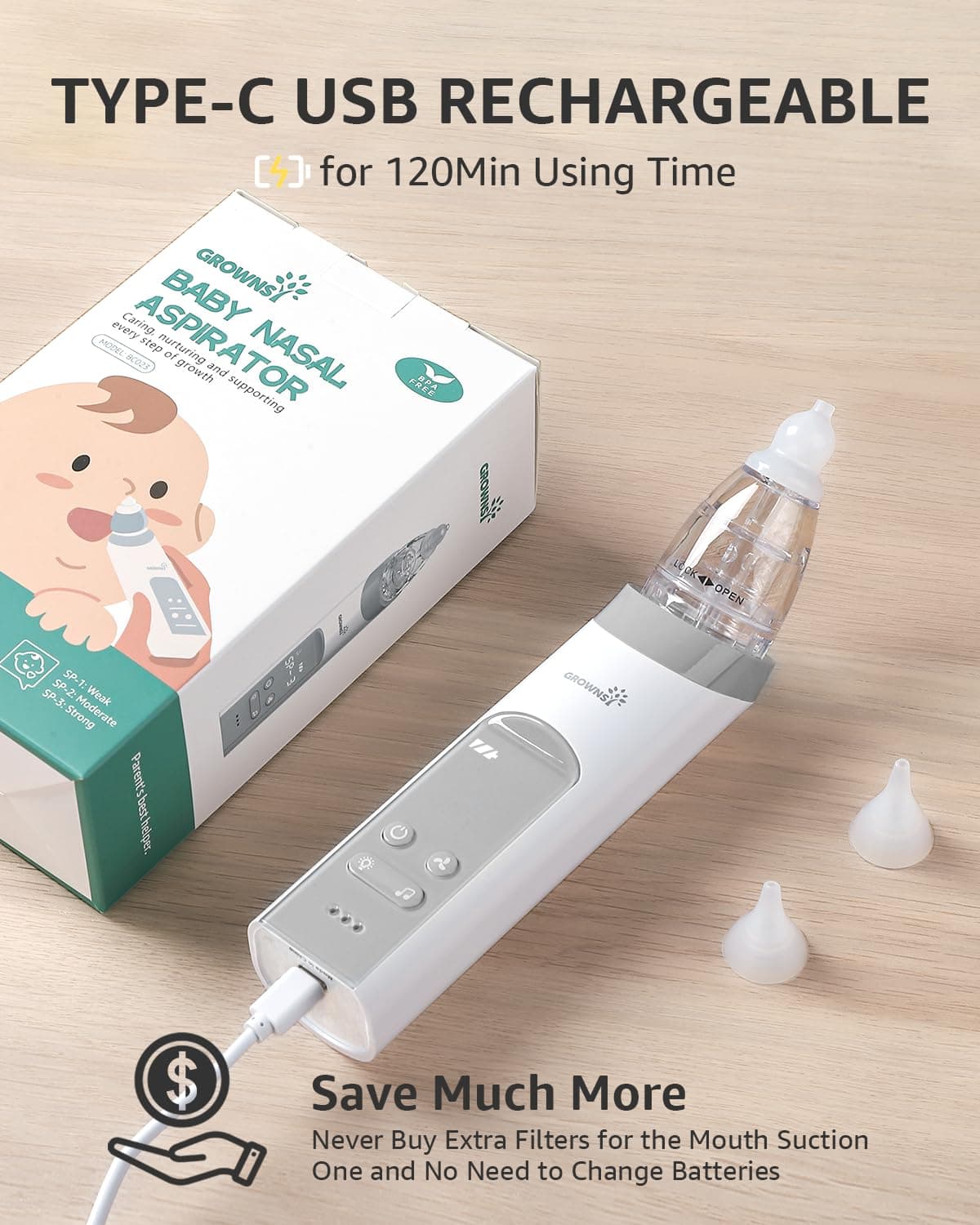GROWNSY Nasal Aspirator for Baby, Electric Nose Aspirator for Toddler, Baby Nose Sucker, Automatic Nose Cleaner with 3 Silicone Tips, Adjustable Suction Level, Music and Light Soothing Function (Gray) thumbnail 6