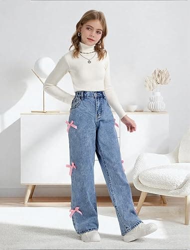 Peakpride Baggy Jeans for Girls Wide Leg High Elastic Waisted Cute Bow Denim Y2k Pant Trendy Boyfriend Skater Streetwear thumbnail 2