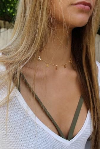 S.J JEWELRY Women Simple Delicate Full Moon 14K Gold Plated/Rose Gold/Silver Plated Layered Pendant Handmade Star Chokers Necklaces - Gold thumbnail 4
