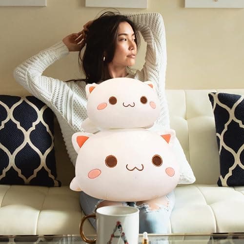 FUYU Cat Stuffed Animals, Soft Cat Plush Pillow Kawaii Kitten Stuffed Animal Toy Gifts for Kids Boys Girls Room Decor (White Round Eyes,15in/37cm) thumbnail 5