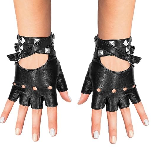 Fingerless Faux Leather Biker Gloves - Black Punk Glove Belt Up Closure - Image 1