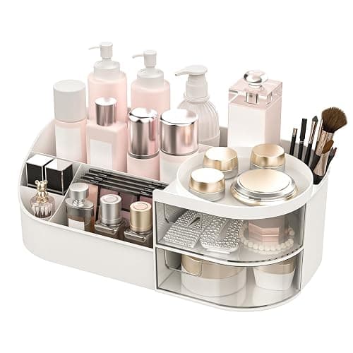 Makeup Organiser, Large Capacity Cosmetic Organisers for Beauty Skincare Jewelry, Make Up Storage Cosmetic Dressing Table Organiser Makeup Box with Drawer for Bedroom Bathroom Dresser Office (White) - Image 1