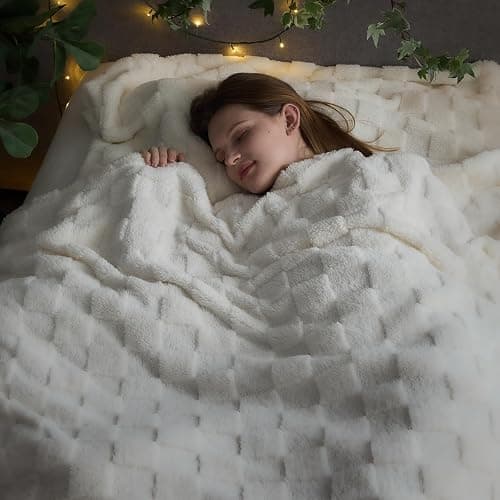 NEWCOSPLAY Super Soft Queen Blanket Ivory Premium Silky Flannel Fleece 3D Checkered Lightweight Bed Blanket All Season Use (Ivory Checkered, Queen(90"x90")) - Ivory Checkered - Queen(90"x90") thumbnail 2
