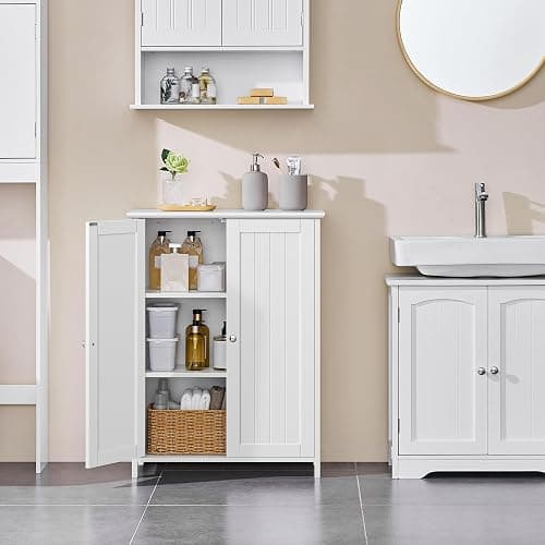 Yaheetech Bathroom Floor Cabinet, Modern Storage Freestanding Organizer Cabinet with Adjustable Shelves & Double Doors, 3-Tier Home Living Room Furniture, White thumbnail 2