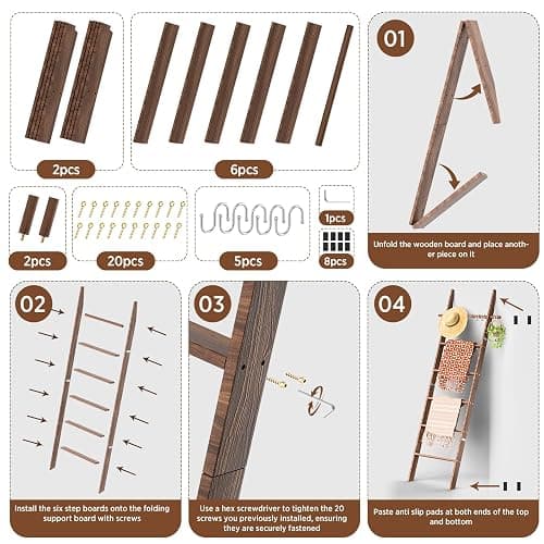 chilinii Farmhouse 6 Ft Wooden Blanket Ladder with Removable Hooks, 6-Tier Rustic Blanket Rack Decorative Stand, Leaning Towel Quilt Rack Holder for Bathroom Living Room Decor Brown thumbnail 7