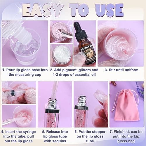 TSVATE Lip Gloss Making Kit, 58PCS DIY Lip Gloss Kit, Lipgloss Making Kit for Women, Beginner, Girls, Moisturizing Lipgloss Base Moist, Double-Ended Tubes, Jojoba Oil, Tween Girls Gift Trendy Stuff thumbnail 8