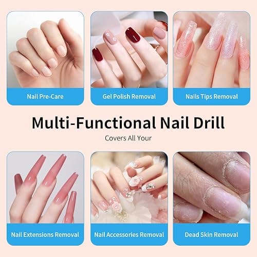 Electric Nail Drill Machine 45,000RPM - Professional Electric and Rechargeable Nail Drill with LCD Display, 6 Bits and 30 Sanding Bands, Low Heat Quiet E-File for Acrylic Gel Nails (Pink) thumbnail 5