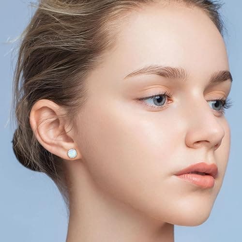 Hypoallergenic Earrings for Women: 925 Sterling Silver Rainbow Moonstone/Opal/Turquoise Screw Back Stud Earrings for Sensitive Ears Small Round Earrings Christmas Mother Day Jewelry Gifts (5mm/7mm) thumbnail 3