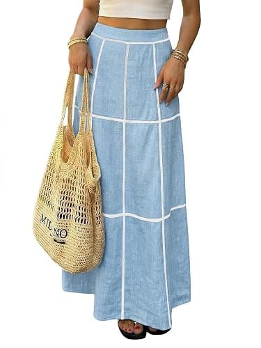 EXLURA Womens Boho Maxi Skirts Summer Flowy Faux Linen Long Skirts Pockets | Grid, A line, High Elastic Waist, Plaid, Dressy Casual Work Skirts, Beach Vacation, Resort Wear, Office, Teacher Outfits - Image 1