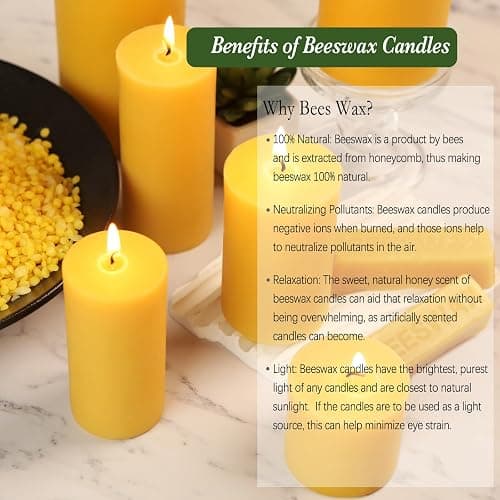 MOSROAD Beeswax Pillar Candles 4 Pack, Unscented Bee Wax for Home | Assorted Size Set, Non Toxic Pure Beeswax Candle for Table, Smokeless and Long Clean Burning for Emergency, Prayer thumbnail 5