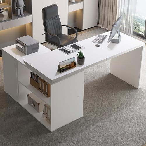 HSH White L Shaped Computer Corner Desk with 3 Storage Drawers 55 inch | Reversible Home Office Corner Desk with 2 Open Side Shelves Modern Wood Executive L Desks for Bedroom,Study Workstation thumbnail 3