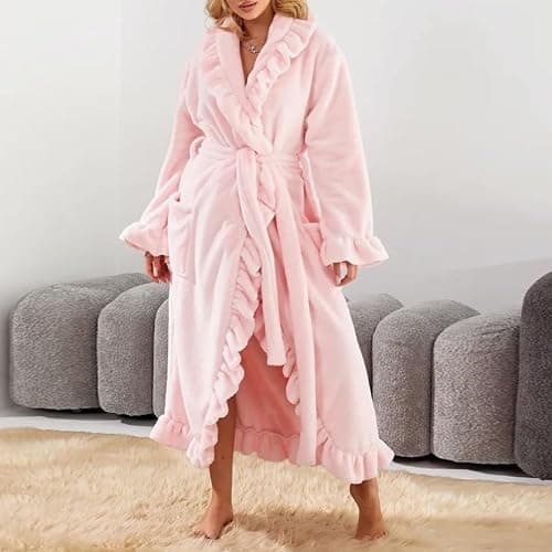 Oplxuo Fuzzy Robe for Women Cute Ruffle Plush Soft Long Sleeve Robes Fluffy Warm Fleece Long Bathrobe with Pockets thumbnail 2