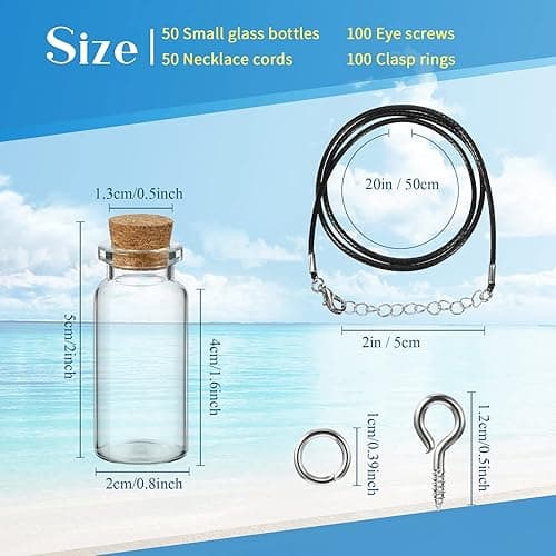 Sawysine 50 Pcs 10 ml Mini Glass Bottles with Cork, Tiny Wishing Bottles with 50 Pcs Black Waxed Cord,100 Pcs Eye Screws and 100 Pcs Clasp Rings,for DIY Crafts Container Necklace Jars thumbnail 4
