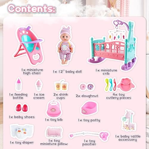 deAO 12” Baby Doll Play Set with Crib, Mobile, High Chair Feeding Accessories, Interactive Dolls for Girls Kids Pretend Play Baby Dolls 21 PCS thumbnail 5