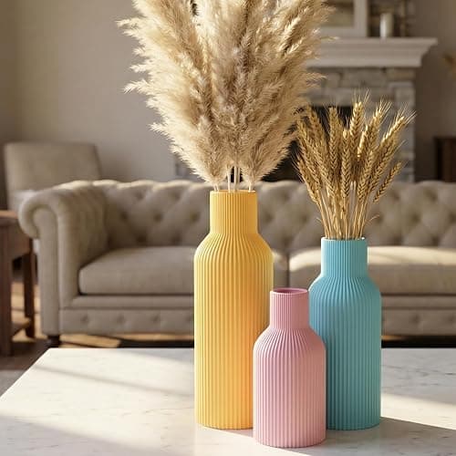 TrendEcoHome Colorful Ceramic Vases Set of 3, Matte Round Vertical Ribbed,Minimalist for Pampas Dried & Fresh Flowers, Centerpiece for Living Room, Shelf, Entryway, Wedding (Pink, Blue, Yellow) thumbnail 2
