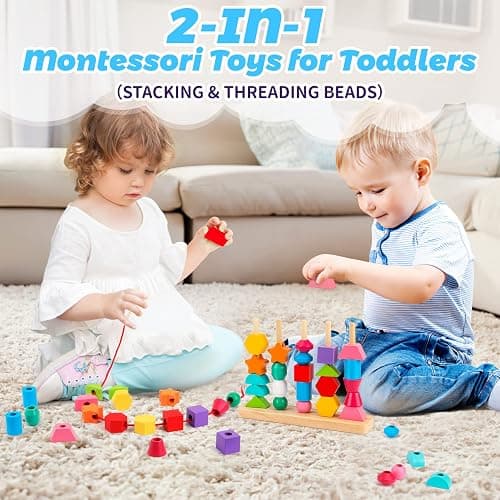 Montessori Wooden Beads Sequencing Toy Set, Stacking Blocks & Lacing Beads & Matching Shape Stacker for 2 3 4 5 Year Old STEM Preschool Learning Montessori Toys Gifts for Kids Boy Girl Toddler thumbnail 4