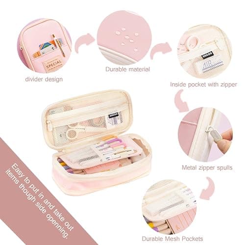 MAMUNU Expandable Pencil case with compartments, Large Capacity Pencil Cases Pencil Bag Pouch Office School, Portable Pencil Case Large School Stationery Organizer, Makeup Cosmetic Bag, Pink thumbnail 5