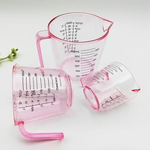 Plastic Measuring Cup Set, Kitchen Cooking and Baking Seasoning Liquid Measuring Cup, Multiple Scale Identification, with Handle and Triangle Mouth, 150ml, 300ml, 600ml, 3-piece Set (Pink) thumbnail 5