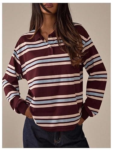 MakeMeChic Women's Rugby Shirt Striped Tops Long Sleeve Fall Tops Y2k Preppy Tee Shirts thumbnail 4