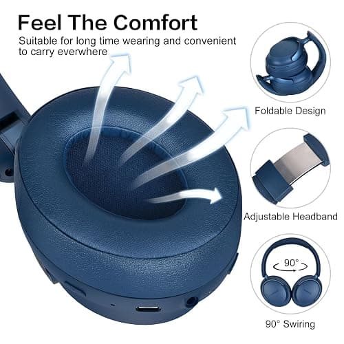 RORSOU B8 Bluetooth Headphones Over Ear, 6 EQ Music Modes and 50H Playtime Deep Bass Wireless Headphones with Mic, Lightweight Folding HiFi Stereo Headset for iPad/Travel/Tablet/PC/Home Blue thumbnail 4