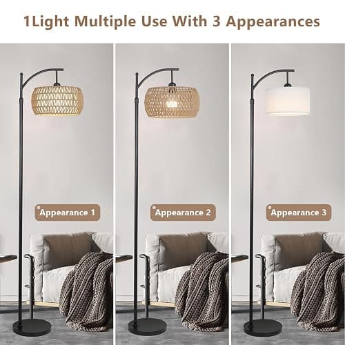 Arc Floor Lamp with Remote Control, Dimmable LED Floor Lamp with 3 Color Temperature, Black Standing Lamp with Rattan & Fabric Double Drum Shade, Boho Farmhouse Tall Pole Lamp for Living Room Bedroom thumbnail 6