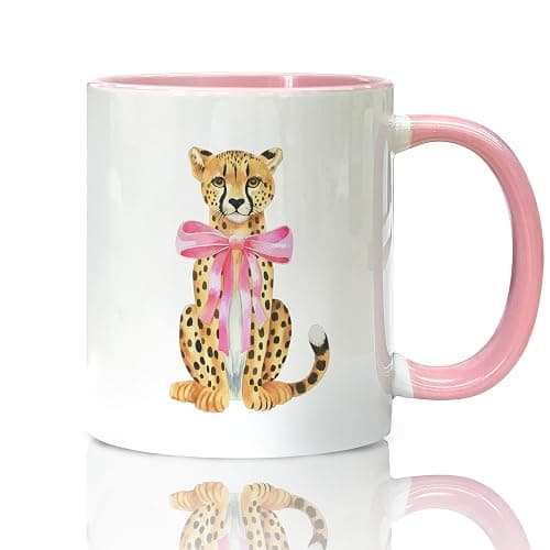 Foyoulame Pink Bow Decor Leopard Coffee Mugs - Leopard Mug, Preppy Coquette Cheetah Coffee Teacup, Trendy Girly Gifts for Women Girls, Pink Preppy Coquette Bow Cheetah Ceramic CoffeeMug 11oz - Image 1