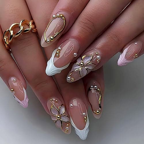 Spring Press On Nails French Fake Nails Medium Almond False Nails With Flower Pearl Designs Acrylic Nail Press Ons Full Cover Glue On Nails Glossy Stick On Nails For Women Manicure 24Pcs - Image 1