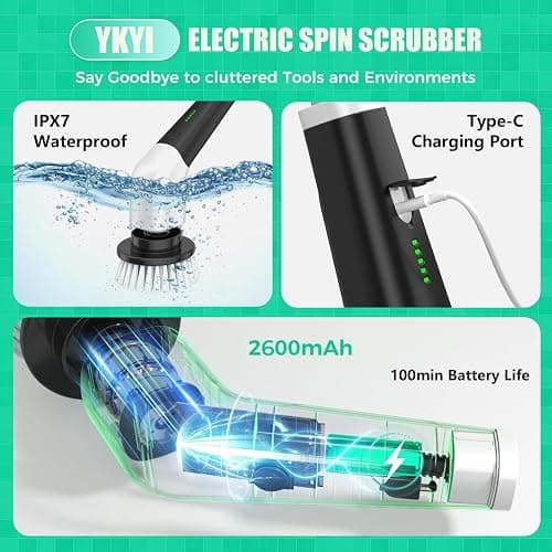 YKYI Electric Spin Scrubber, Cordless Power Scrubber Cleaning Tool with 8 Replaceable Heads and Extension Handle for Bathroom, Tub, Tile, Floor, Grout and Car (White) thumbnail 4