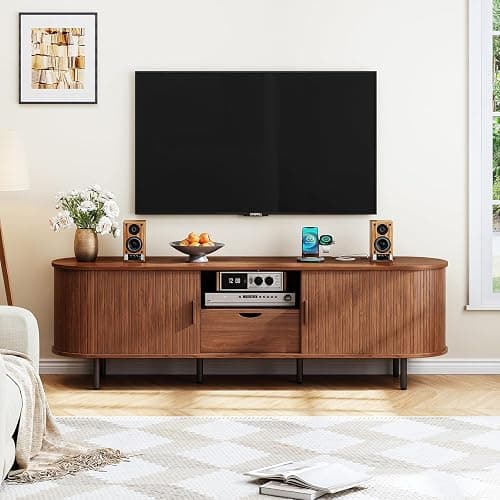 ONBRILL 69" TV Stand with Power Outlet for TVs up to 80", Entertainment Center with Storage and Drawer, TV Console with Adjustable Shelves and Sliding Door, TV Stand for Living Room, Bedroom, Walnut thumbnail 5