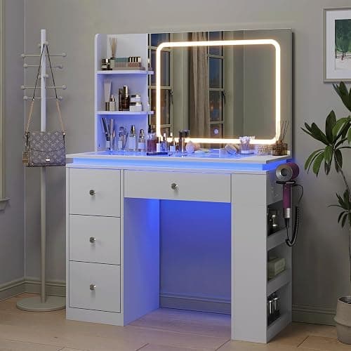 HuaYing White Vanity Desk with Illuminated Mirror & Power Outlet, Bedroom Dresser LED Mirror Stepless Dimmable & 3 Color Modes Adjustable RGB Drawers, for Women Girls Bedroom（Pure White thumbnail 9