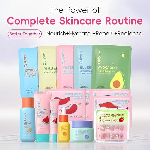 QUIYUM Fruit Skincare Set -with Pink Plush Makeup Bag & Strawberry Nail Art | Hydrate Moisturize Glow Oil Control Facial Care, Spa-Like at Home, Perfect Teen Girl Gifts Trendy Stuff, Birthday Gift thumbnail 5