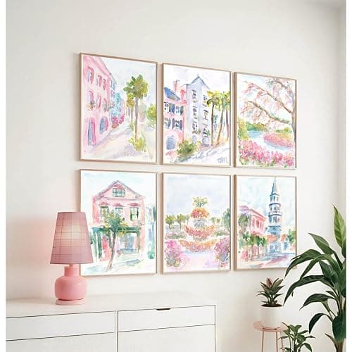 Charleston South Carolina Wall Art Preppy Posters Pictures Pastel Pink Canvas Wall Decor Aesthetic Coquette Posters Wall Art Trendy Watercolor Wall Decor Church Street Pictures 8x10x6 Inch Unframed thumbnail 4