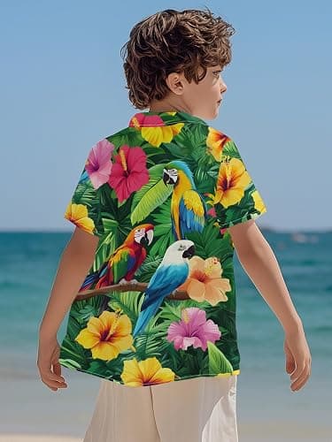 REVENEVER Boys Hawaiian Shirt Button Down Shirt Short Sleeve Cartoon Print Hawaiian Beach Shirt for Kids thumbnail 4