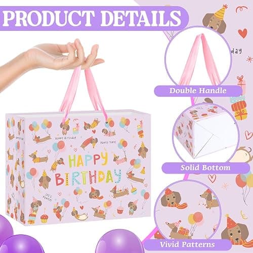 Large Dog Birthday Gift Bag Set with Tissue Paper and Greeting Card Cute Dachshund Dogs Birthday Bag Purple Dachshund Doggy Puppy Dog Pet Gift Wrapping Paper with Handles for Girl Boy Kids Men Women thumbnail 3