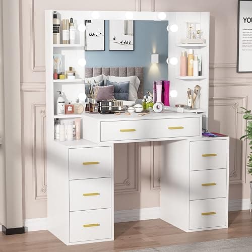 PAKASEPT Vanity Set with Lighted Mirror, 43'' Makeup Vanity with Charging Station, Vanity Desk with 9PCS LED Bulb, Storage Shelves, 7 Drawers for Bedroom(No Stool) thumbnail 4