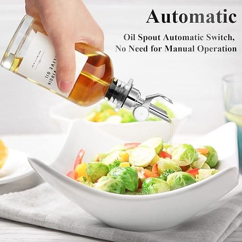 GIXSEGIE Olive Oil Dispenser Bottle Set with Bamboo Tray, Silver Classic Oil Dispenser, 2 x 350ML Glass Bottles, Weighted Metal Pourers, Kitchen Storage & Dispensing - 350ml, Set of 2 + Tray - Silver thumbnail 4