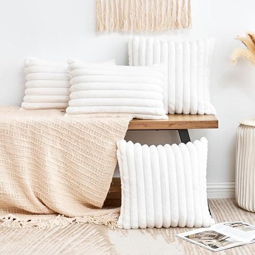 GriNeed Throw Pillow Covers Decorative Faux Fur Set of 2 18x18 Inch Pillow Covers, Soft Cream White Striped Pillowcases for Couch Sofa Bed Living Room, Fluffy Cute Home Boho Accent Fuzzy Decor thumbnail 2