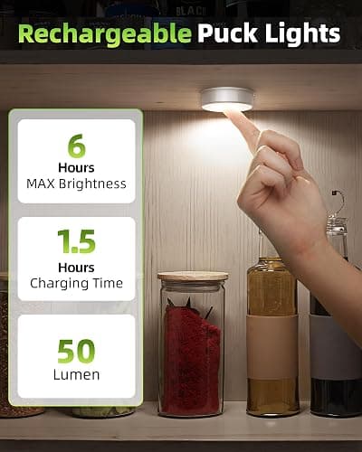 EZVALO LED Puck Lights, Rechargeable Sitck On Tap Lights, Wireless Closet Light, 3 Color Temps, Under Cabinet Lights, 2.5'' Mini Touch Light, Ideal for Kitchen,Closet,Pantry,Shelves,Camper(6 Pack) | Wireless, Rechargeable, Touch Light, Under Cabinet Lights, Stick On, Closet Light, Mini, Kitchen, Pantry, Shelves thumbnail 3