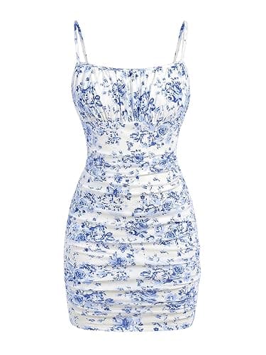 Floerns Girl's Floral Print Spaghetti Strap Bodycon Dress Mesh Ruched Cami Mini Dress - Image 1