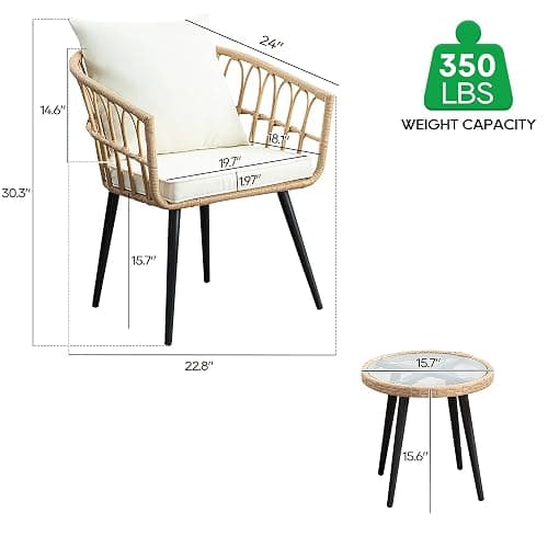 PORWEY 3 Piece Patio Bistro Set, Outdoor Wicker Apartment Balcony Furniture Sets, Rattan Table and Chairs Set of 2 for Porch Backyard Lawn Poolside Deck, Beige thumbnail 3