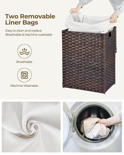 Greenstell Laundry Hamper with Lid, 90L Clothes Hamper with 2 Removable Liner Bags & 2 Mesh Laundry Bags, Handwoven Synthetic Rattan Laundry Basket for Clothes, Toys in Bathroom, Bedroom Brown thumbnail 5