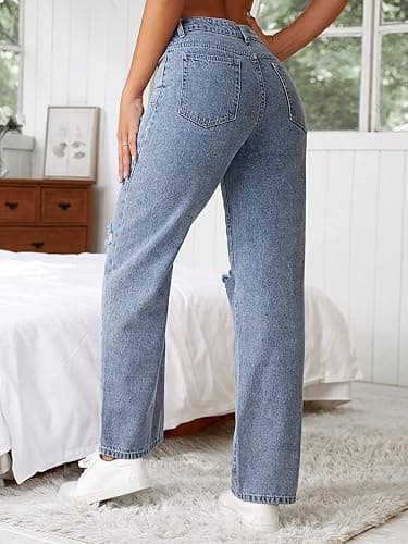 SweatyRocks Women's Ripped Straight Leg Jeans High Waist Distressed Cutout Denim Pants thumbnail 2