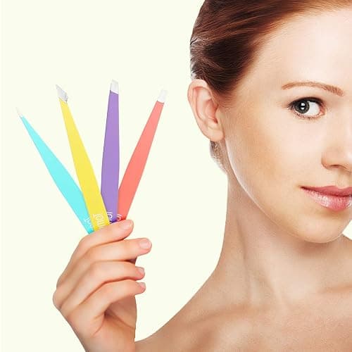 Tomata Tweezers for Eyebrows, Slant Tip and Pointed Eyebrow Tweezer Set Great Precision for Eyebrows Facial Hair, Ingrown Hair, Splinter, Blackhead and Tick Remover (4-piece) (Multi-color) thumbnail 2