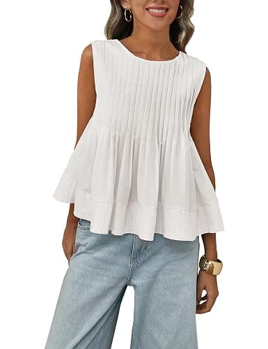 Megfie Womens Summer Pleated Peplum Sleeveless Blouse Tank Tops Round Neck Y2K Babydoll Blouse Shirt - Image 1
