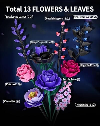 TYCOLE Flowers Bouquet Building Set - Purple Roses Botanical Collection Building Blocks for Adult Women, Artificial Flowers Gothic Home Decor Christmas Birthday Gift for Adults Kids Girls 6-12 thumbnail 5