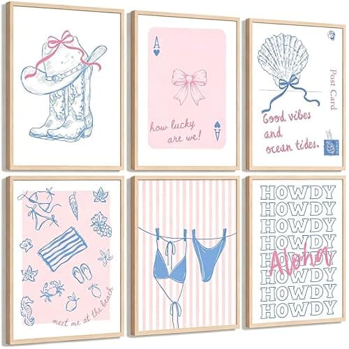 6Pcs Pink Blue Coastal Granddaughter Canvas Wall Art, Preppy Cowgirl Painting Pictures Wall Decor, Bikini Shell Posters Print Artwork for Girl Dorm Room College Home Decoration 8x10In Unframed - Image 1