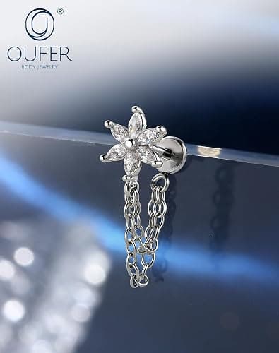 OUFER Flowers Helix Stud Dangly Chains Conch Tragus Piercing Jewellery 16G 6mm Threadless Forward Helix Jewelry Gold Silver Flat Back Cartilage Earrings Stud for Women thumbnail 7