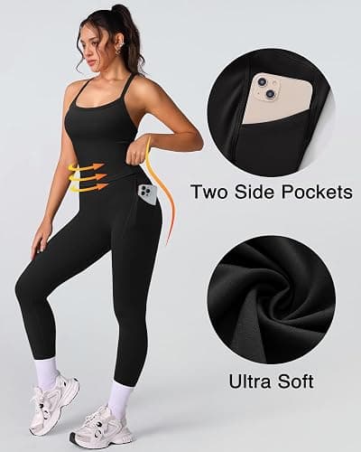RXRXCOCO Cross Back Workout Sets for Women 2 Piece Padded Tank Tops Hidden Scrunch Leggings Gym Outfits with Pockets thumbnail 5
